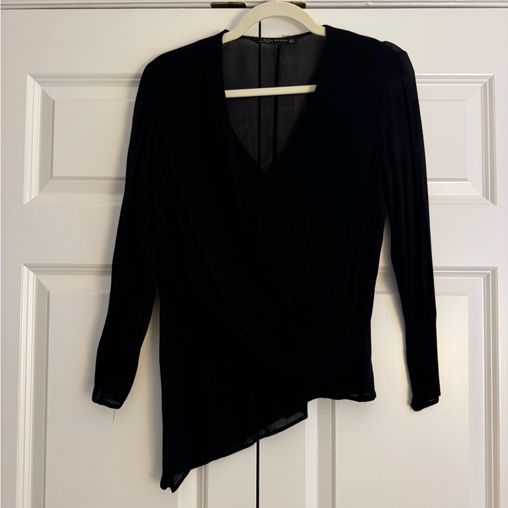Zara Black Asymmetrical Semi-Sheer Top